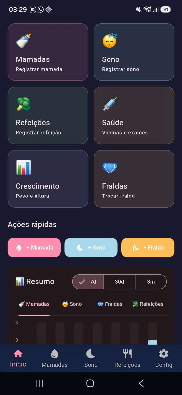 Tela inicial com atalhos rápidos