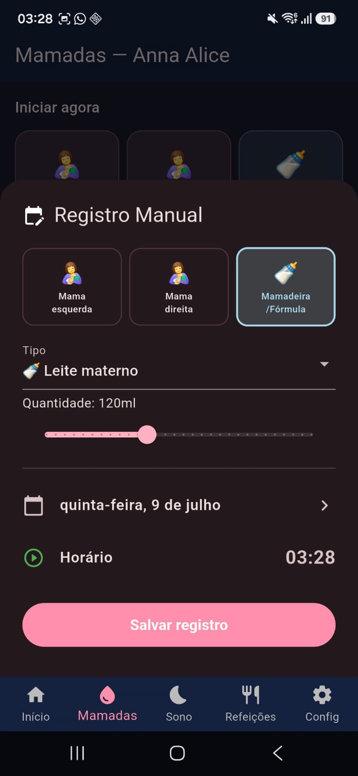 Registro manual de mamadeira com quantidade em ml