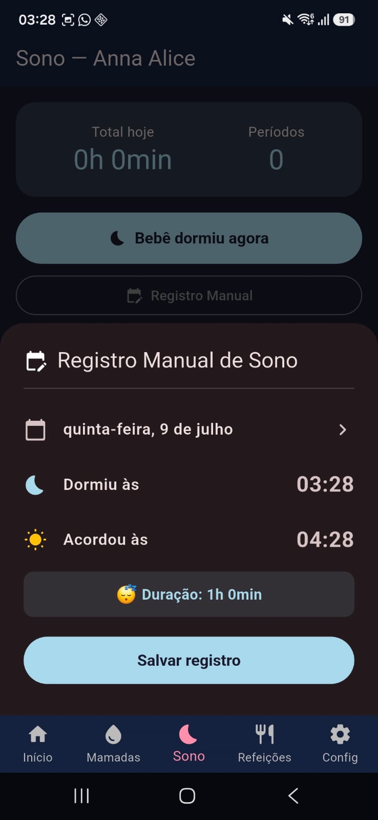 Registro manual de sono com horário de dormir e acordar